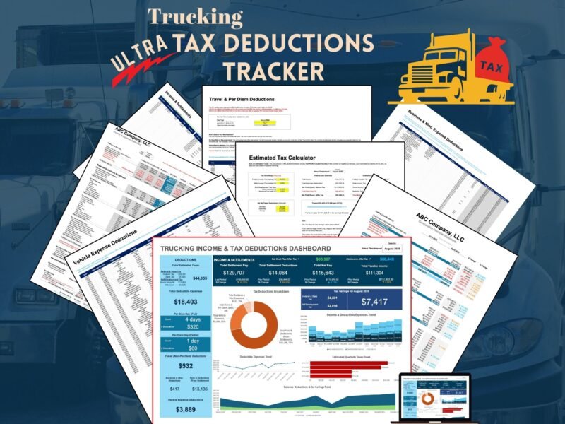 Ultra Trucking Tax Deductions Tracker: a collage of its sheets, including the income and tax deductions dashboard, estimated tax calculator, travel and per diem, vehicle, business and miscellaneous deductions, and income and settlements.