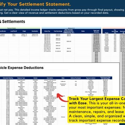 Income and settlements ledger tracking gross pay to final payout, and the vehicle expense deductions log for fuel, maintenance, repairs and lease payments.