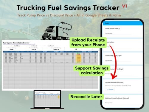 Trucking fuel savings tracker V1 in Google Sheets with a phone form: a fuel expense reconciliation overview comparing pump price and discount price, with receipts uploaded from a phone and reconciled later.