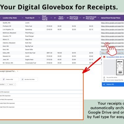 Receipts are archived in Google Drive automatically, organized by fuel type, with a link to each receipt in the sheet.