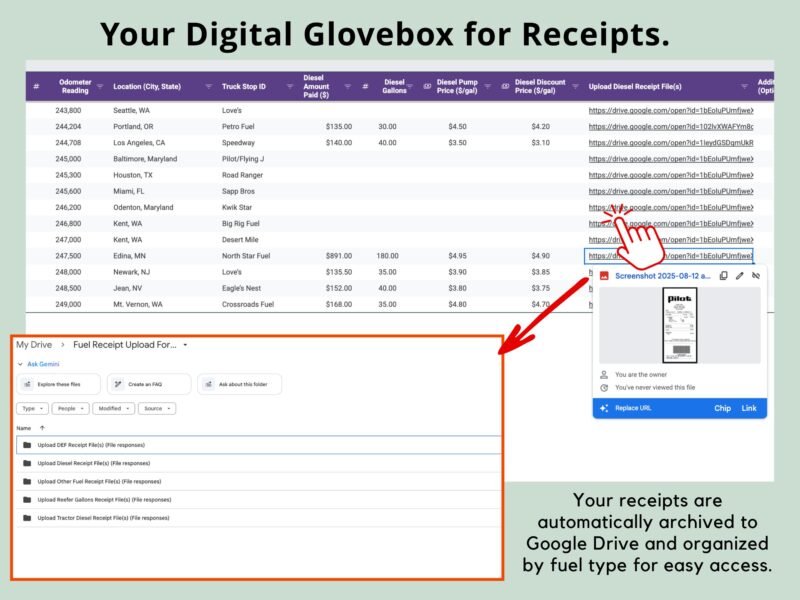 Receipts are archived in Google Drive automatically, organized by fuel type, with a link to each receipt in the sheet.