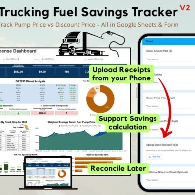 Trucking fuel savings tracker V2 in Google Sheets with a phone form: a fuel expense dashboard comparing pump price and discount price, prices by truck stop, and monthly fuel spend. Receipts can be uploaded from a phone.