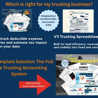 Which is right for my trucking business: the Ultra Tax Deductions Tracker estimates tax impact, the V3 trucking spreadsheet focuses on load efficiency and costs, and the Full Suite combines both. Designed by a Certified Public Accountant.