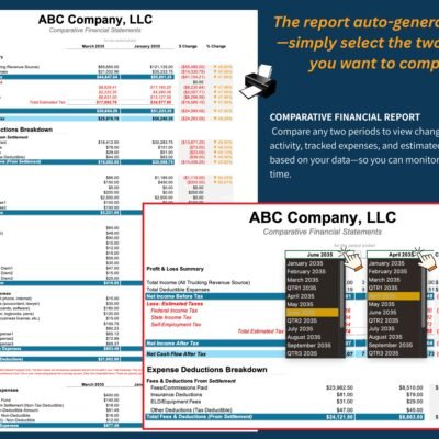 Comparative financial report: pick any two periods to compare financial activity, expenses and estimated taxes, with dollar and percent change.