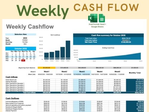 Weekly cash flow template with a mini calendar: net cash flow by week, ending cash flow chart, the month's cash flow summary, and cash inflows and outflows for each week with a monthly total. Excel and Google Sheets.