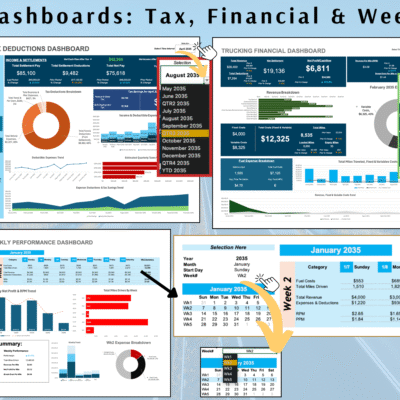 10 Three dashboards: trucking tax deductions, trucking financial, and weekly performance, each with a month, quarter or year selector and charts.