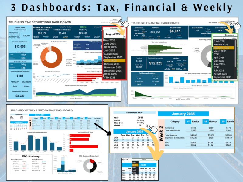 10 Three dashboards: trucking tax deductions, trucking financial, and weekly performance, each with a month, quarter or year selector and charts.