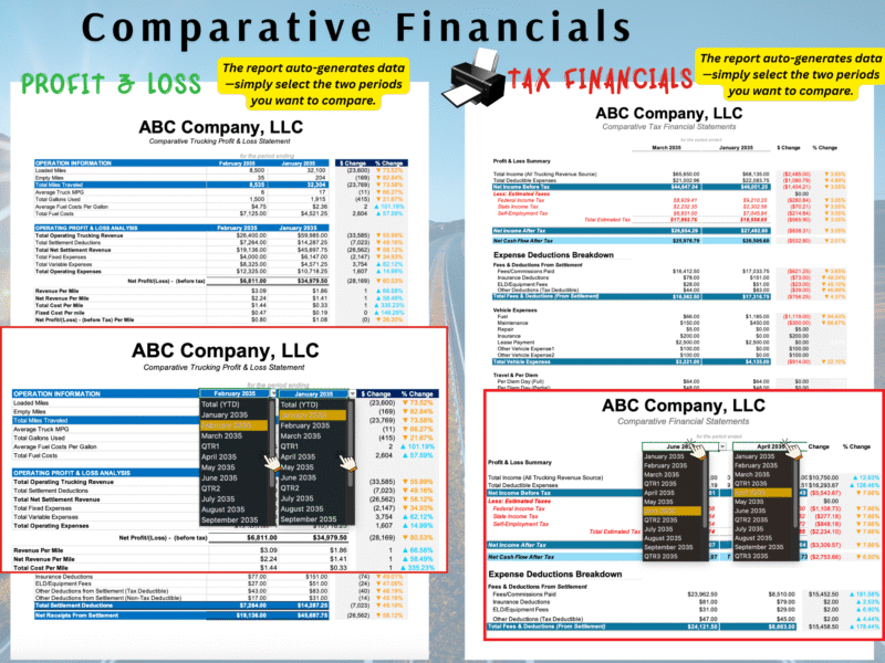 13 Comparative financials: the profit and loss and tax financial statements comparing two chosen periods, with dollar and percent changes.