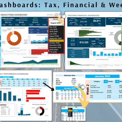 Dashboards for tax, finances and weekly performance: the trucking tax deductions dashboard, financial dashboard and weekly performance dashboard, each with a period selector.