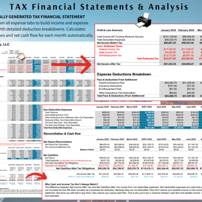 Tax financial statement and analysis: total income and deductible expenses by month and quarter, estimated federal, state and self-employment tax, an expense deductions breakdown, and a reconciliation of net income to cash flow.