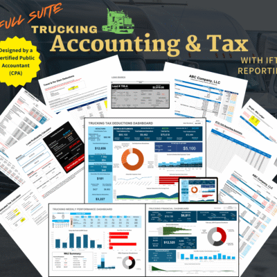 6 Full Suite Trucking Accounting and Tax with IFTA reporting, designed by a Certified Public Accountant. A collage of its sheets: tax deductions, financial and weekly dashboards, load search, load profitability and estimated tax calculators, IFTA summary and weight-mile ledger.