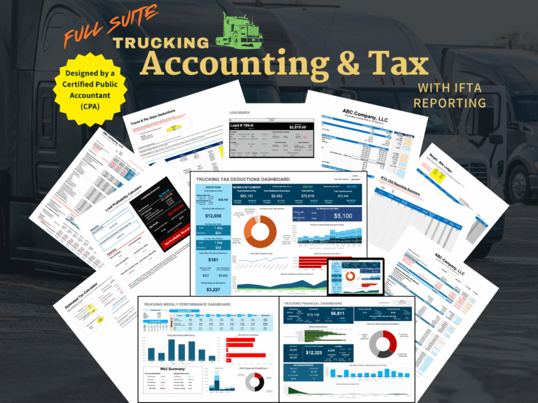 Full Suite Trucking Accounting and Tax with IFTA reporting, designed by a Certified Public Accountant. A collage of its sheets: tax deductions, financial and weekly dashboards, load search, load profitability and estimated tax calculators, IFTA summary and weight-mile ledger.