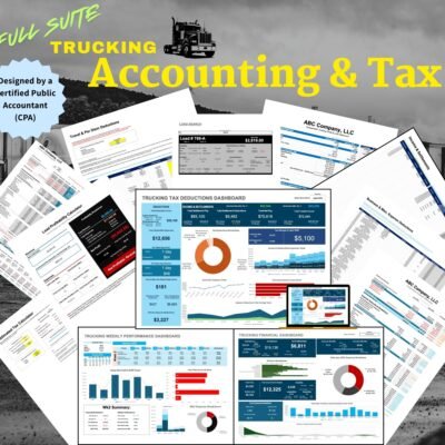 Full Suite Trucking Accounting and Tax without IFTA, designed by a Certified Public Accountant: a collage of its sheets, including the tax deductions, weekly and financial dashboards, load search, and load profitability and estimated tax calculators.