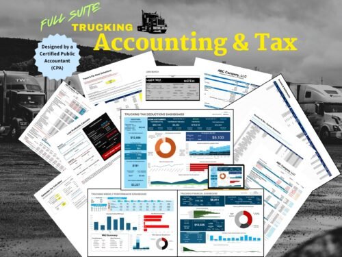 Full Suite Trucking Accounting and Tax without IFTA, designed by a Certified Public Accountant: a collage of its sheets, including the tax deductions, weekly and financial dashboards, load search, and load profitability and estimated tax calculators.