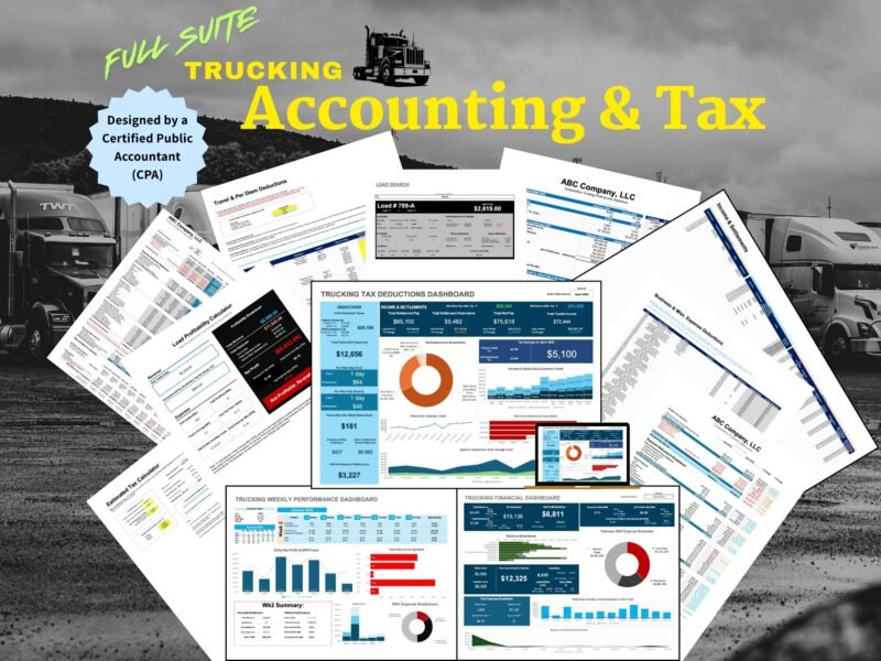 Full Suite Trucking Accounting and Tax without IFTA, designed by a Certified Public Accountant: a collage of its sheets, including the tax deductions, weekly and financial dashboards, load search, and load profitability and estimated tax calculators.