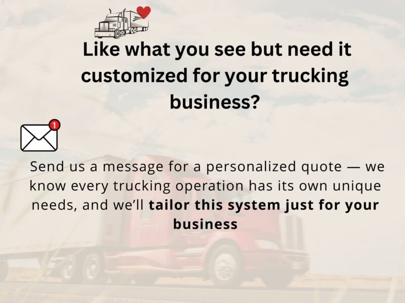 Copy of Trucking Spreadsheet (3) Customization: this system can be tailored to your trucking business. Send a message for a quote.