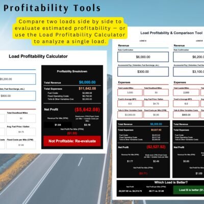 Copy of Trucking Spreadsheet Load profitability tools: a calculator for one load, and a side-by-side comparison of two loads showing revenue, expenses, net profit and profit per mile.