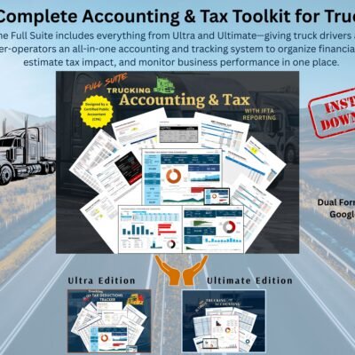 Copy of Trucking Spreadsheet (7) Full Suite Trucking Accounting and Tax with IFTA reporting, the complete toolkit for truckers. It includes everything in the Ultra and Ultimate editions. Excel and Google Sheets, instant download.
