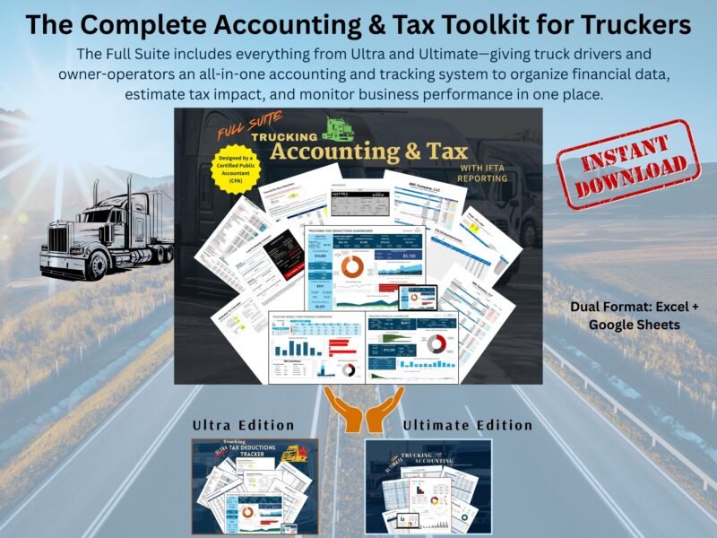Copy of Trucking Spreadsheet (7) Full Suite Trucking Accounting and Tax with IFTA reporting, the complete toolkit for truckers. It includes everything in the Ultra and Ultimate editions. Excel and Google Sheets, instant download.