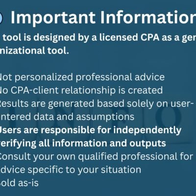 Copy of Trucking Spreadsheet (8) Important information: this tool is designed by a licensed CPA as a general organizational tool. It is not personalized professional advice, creates no CPA-client relationship, and results depend on the data you enter. Users verify all outputs. Sold as-is.