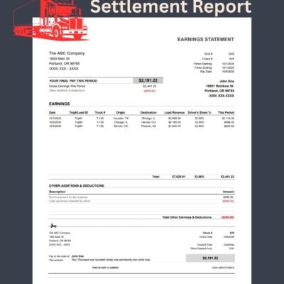1 Trucking settlement report for a sample driver: final pay for the period, trips with origin, destination, load revenue and driver's share, other additions and deductions, and a pay stub section. Excel and Google Sheets.