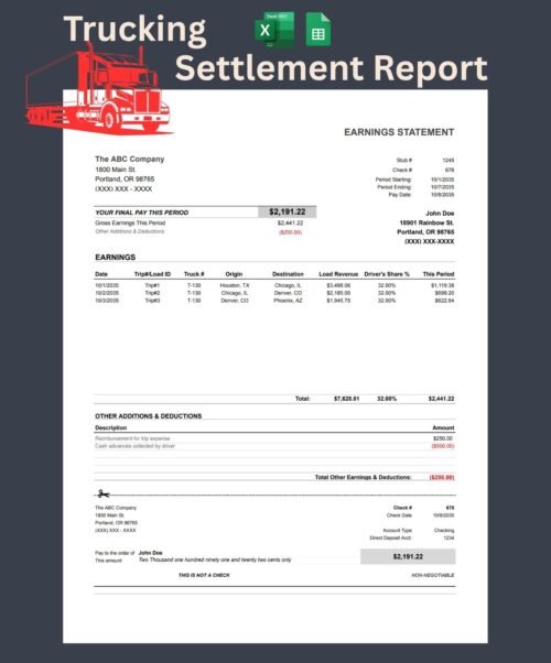 1 Trucking settlement report for a sample driver: final pay for the period, trips with origin, destination, load revenue and driver's share, other additions and deductions, and a pay stub section. Excel and Google Sheets.