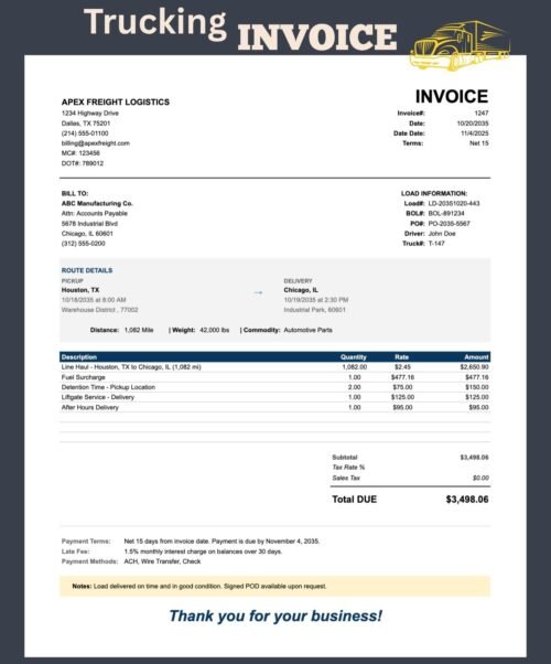 Trucking invoice for a sample freight company: bill-to details, load information, pickup and delivery route with distance, weight and commodity, line haul and accessorial charges, total due, payment terms and notes.