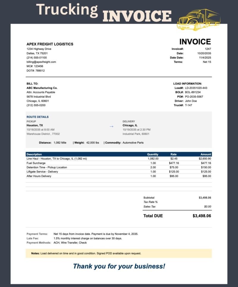 Trucking invoice for a sample freight company: bill-to details, load information, pickup and delivery route with distance, weight and commodity, line haul and accessorial charges, total due, payment terms and notes.