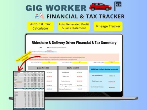 Gig worker financial and tax tracker for rideshare and delivery drivers: a financial and tax summary by quarter and year, with an estimated tax calculator, an automatic profit and loss statement and a mileage tracker.