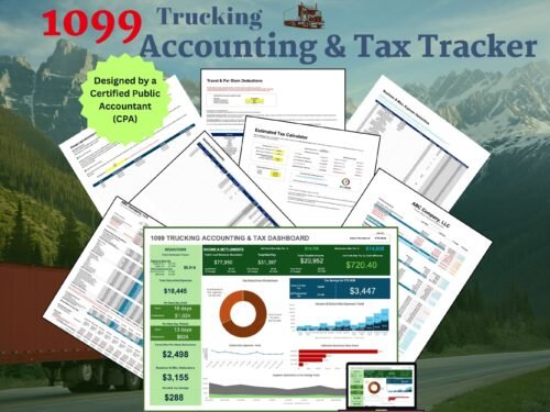 1099 Trucking Accounting and Tax Tracker, designed by a Certified Public Accountant: the accounting and tax dashboard with estimated taxes, deductions, per diem and income and settlements, plus its other sheets, including the estimated tax calculator.