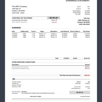 2 A completed trucking earnings statement with loads, driver's share, other additions and deductions, and a detachable pay section.