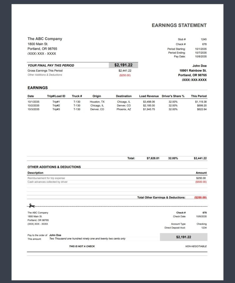 2 A completed trucking earnings statement with loads, driver's share, other additions and deductions, and a detachable pay section.