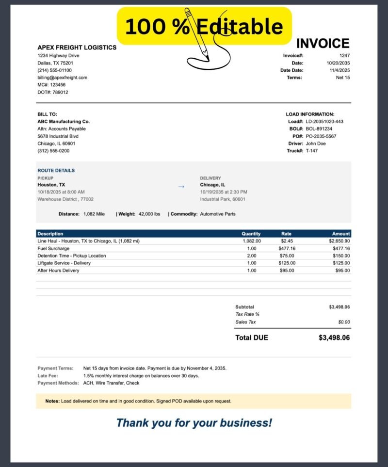Every part of the trucking invoice can be edited.