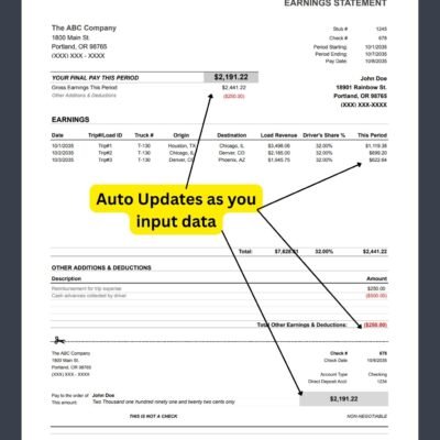 3 The earnings statement updates automatically as data is entered: final pay, each load's pay, deductions and the pay amount.