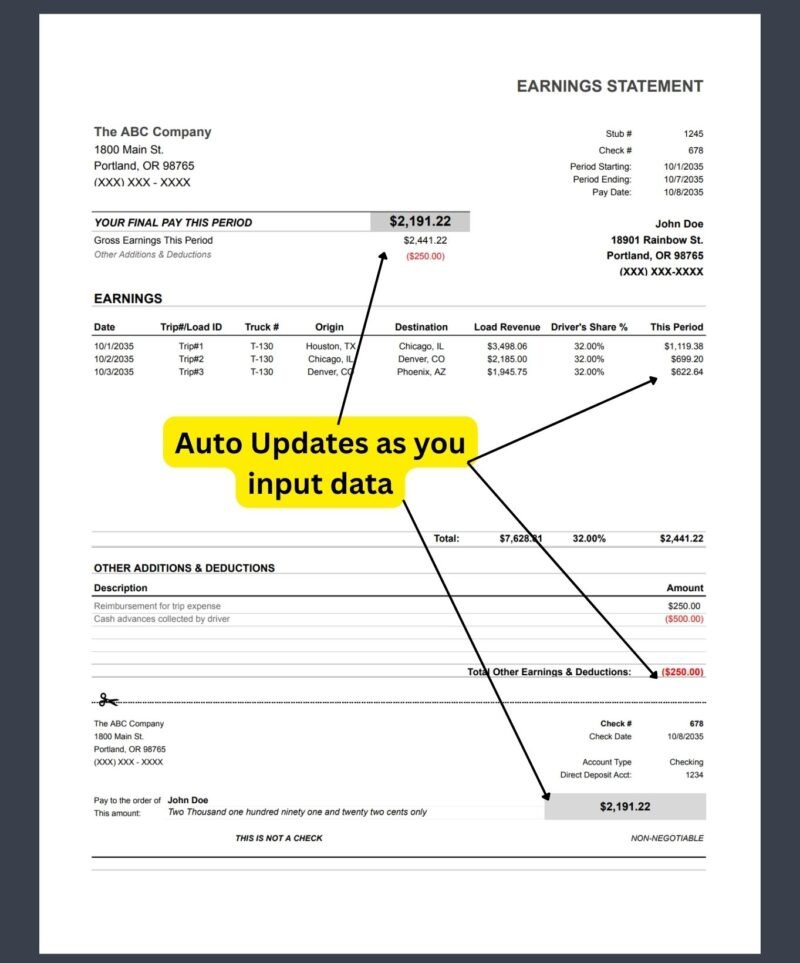 3 The earnings statement updates automatically as data is entered: final pay, each load's pay, deductions and the pay amount.