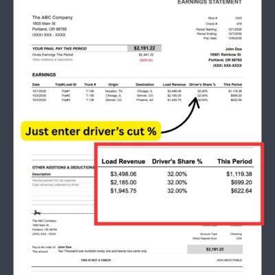 4 Earnings statement: enter the driver's percentage, and each load's pay is calculated from the load revenue.