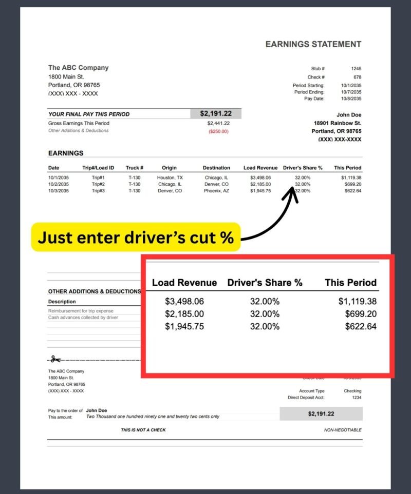 4 Earnings statement: enter the driver's percentage, and each load's pay is calculated from the load revenue.