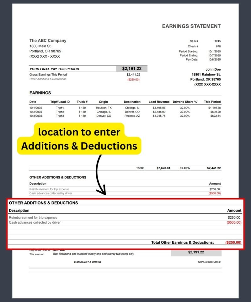 5 Earnings statement: the other additions and deductions section, such as trip expense reimbursements and cash advances.