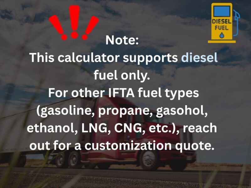 Note: this calculator supports diesel fuel only. Other IFTA fuel types, such as gasoline, propane, ethanol, LNG and CNG, can be added with a customization quote.