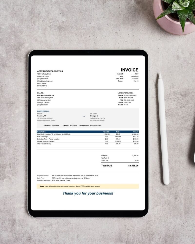 A tablet on a desk showing the trucking invoice.