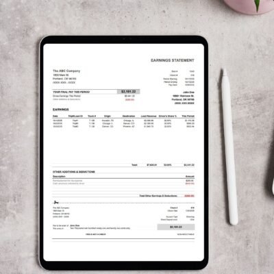 Black and White Minimalist Tablet Mockup Instagram Post A tablet on a desk showing a trucking earnings statement.