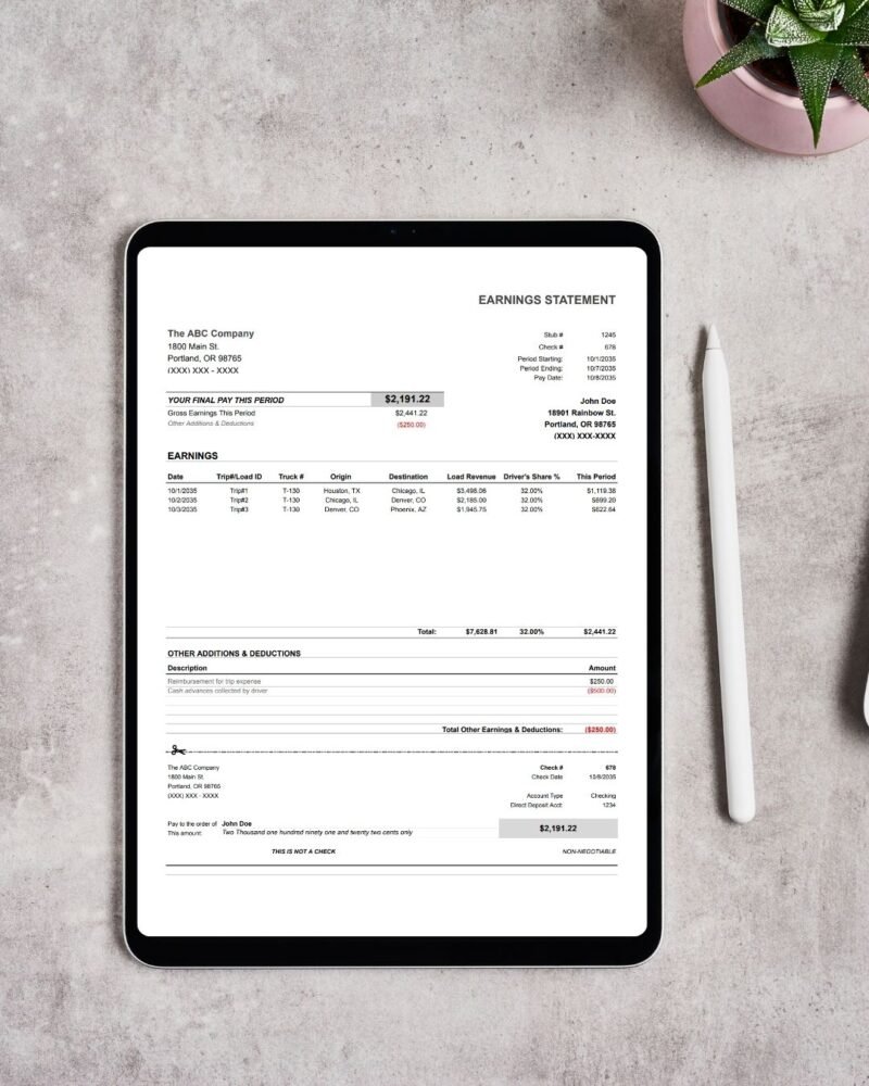 Black and White Minimalist Tablet Mockup Instagram Post A tablet on a desk showing a trucking earnings statement.