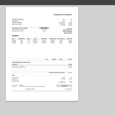 Screenshot 2025-10-21 at 9.55.06 AM The trucking earnings statement in the print settings window, ready to print on one page.