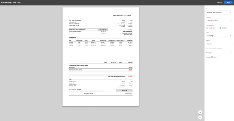 Screenshot 2025-10-21 at 9.55.06 AM The trucking earnings statement in the print settings window, ready to print on one page.