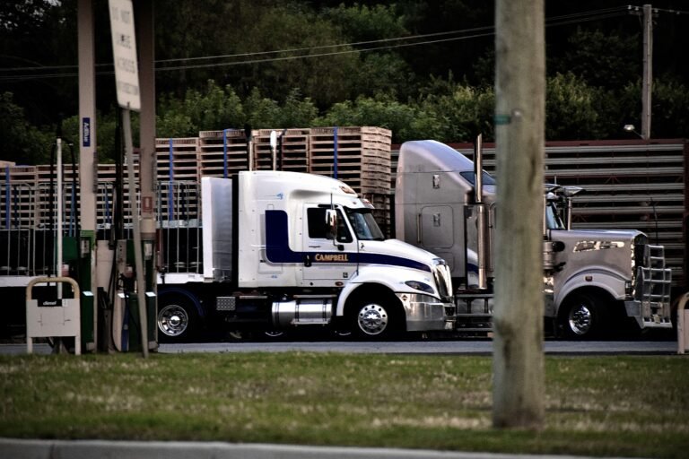 A white semi truck parked beside a road, with trailers and trees behind it.