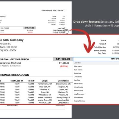 Earnings statement drop-down list: choose any driver's name and their information fills in.