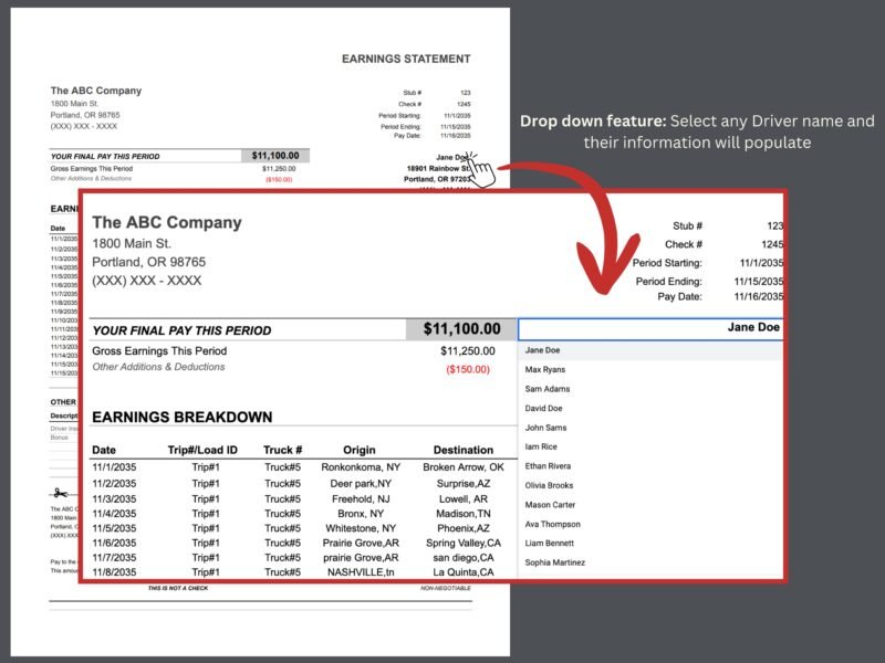 Earnings statement drop-down list: choose any driver's name and their information fills in.