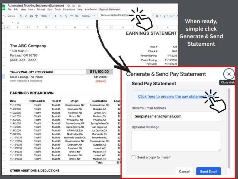 When the earnings statement is ready, choose Generate and Send Statement from the menu to open the Send Pay Statement window.