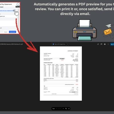 A PDF preview of the pay statement is created to review, print or send by email.