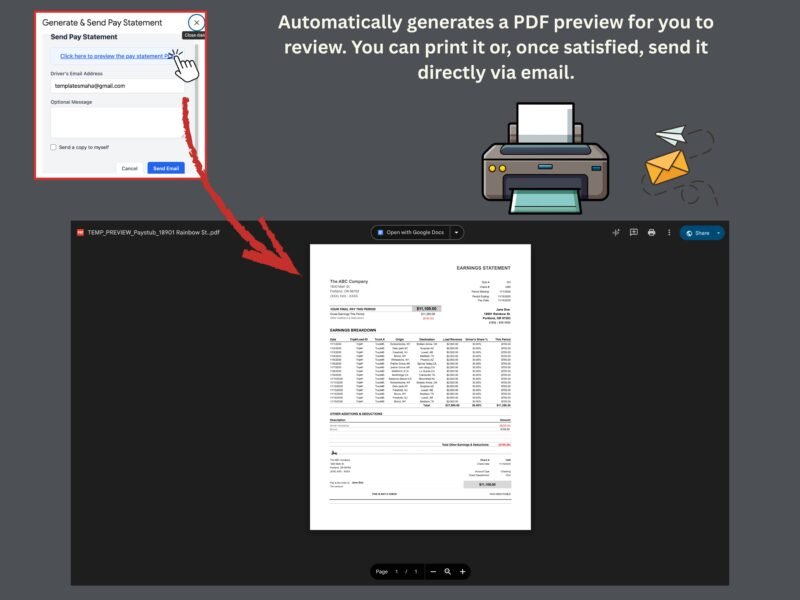 A PDF preview of the pay statement is created to review, print or send by email.
